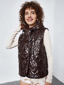 SHEIN EZwear Sleeveless Drawstring Hooded Quilted Coat - Chocolate Brown - View 1