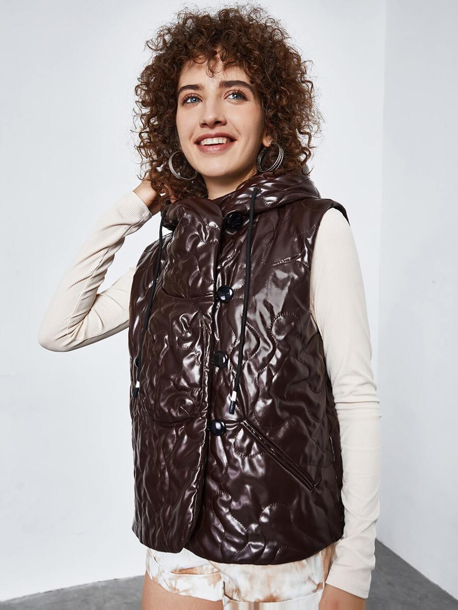 SHEIN EZwear Sleeveless Drawstring Hooded Quilted Coat - Chocolate Brown - View 1