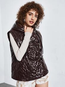 SHEIN EZwear Sleeveless Drawstring Hooded Quilted Coat - Chocolate Brown - View 3