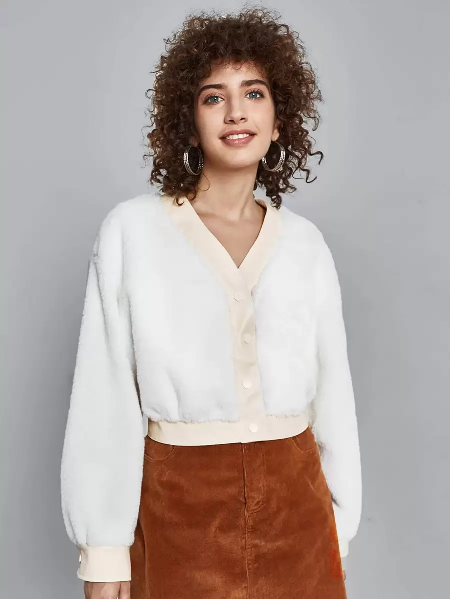 SHEIN EZwear Drop Shoulder Contrast Trim Fuzzy Coat - White - View 1
