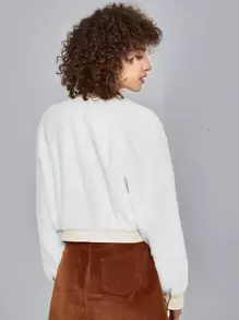 SHEIN EZwear Drop Shoulder Contrast Trim Fuzzy Coat - White - View 2