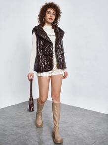 SHEIN EZwear Sleeveless Drawstring Hooded Quilted Coat - Chocolate Brown - View 5