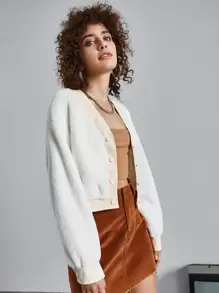 SHEIN EZwear Drop Shoulder Contrast Trim Fuzzy Coat - White - View 3
