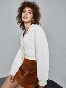 SHEIN EZwear Drop Shoulder Contrast Trim Fuzzy Coat - White - View 4