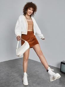 SHEIN EZwear Drop Shoulder Contrast Trim Fuzzy Coat - White - View 5