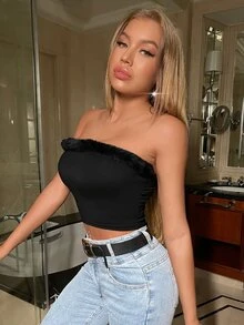 Áo nữ Tương phản lông thú giả màu trơn Gợi cảm - màu đen - Xem 4