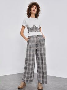 SHEIN Unity Women Pants Tombol Kantong Zip Plaid Preppy - MultiWarna - View 1