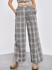 SHEIN Unity Women Pants Tombol Kantong Zip Plaid Preppy - MultiWarna - View 3