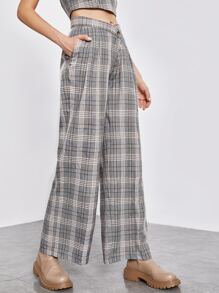 SHEIN Unity Women Pants Tombol Kantong Zip Plaid Preppy - MultiWarna - View 4