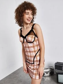 SHEIN MOD Plaid Print Mesh Insert Bustier Cami Dress - Multicolor - View 3