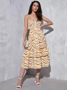 SHEIN VCAY Vestido de tirantes de rayas de cebra pliegue de prensa bajo con fruncido - Multicolor - Ver 1