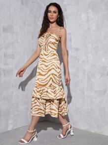 SHEIN VCAY Vestido de tirantes de rayas de cebra pliegue de prensa bajo con fruncido - Multicolor - Ver 4