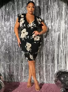 SHEIN SXY Plus Floral Print Plunge Neck Ruffle Trim Bodycon Dress - Black - View 1