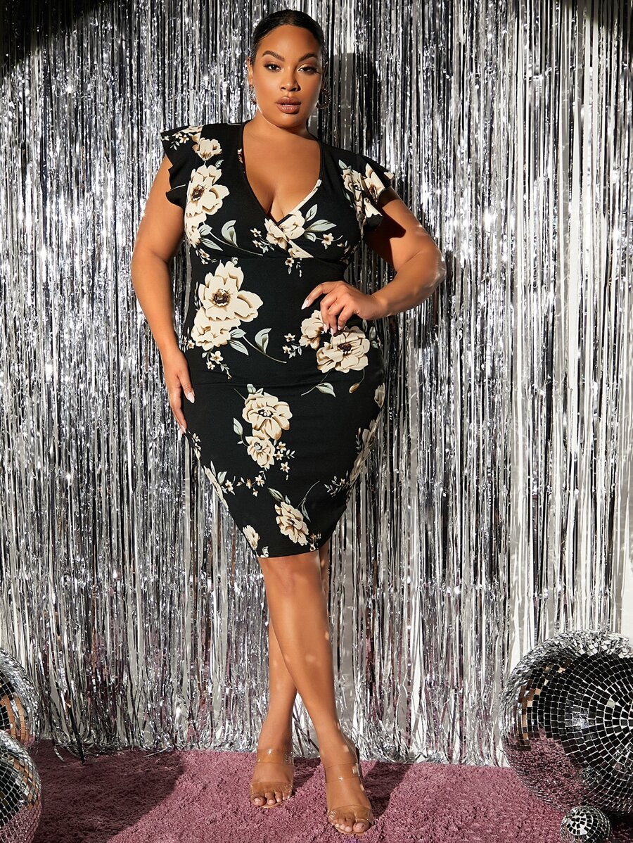 SHEIN SXY Plus Floral Print Plunge Neck Ruffle Trim Bodycon Dress - Black - View 1