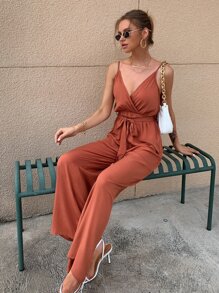 SHEIN Unity Solid Belted Wide Leg Cami Jumpsuit - Rust Brown - View 1
