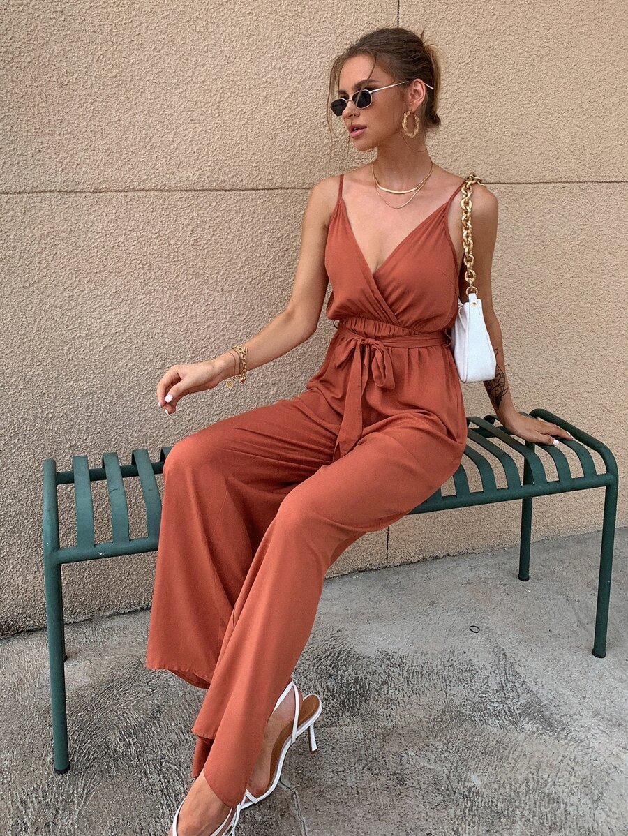 SHEIN Unity Solid Belted Wide Leg Cami Jumpsuit - Rust Brown - View 1