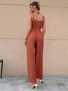 SHEIN Unity Solid Belted Wide Leg Cami Jumpsuit - Rust Brown - View 2