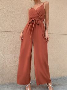 SHEIN Unity Solid Belted Wide Leg Cami Jumpsuit - Rust Brown - View 3
