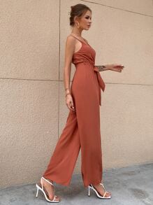 SHEIN Unity Solid Belted Wide Leg Cami Jumpsuit - Rust Brown - View 4