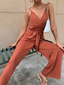 SHEIN Unity Solid Belted Wide Leg Cami Jumpsuit - Rust Brown - View 5