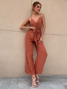 SHEIN Unity Solid Belted Wide Leg Cami Jumpsuit - Rust Brown - View 6