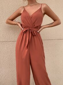 SHEIN Unity Solid Belted Wide Leg Cami Jumpsuit - Rust Brown - View 7