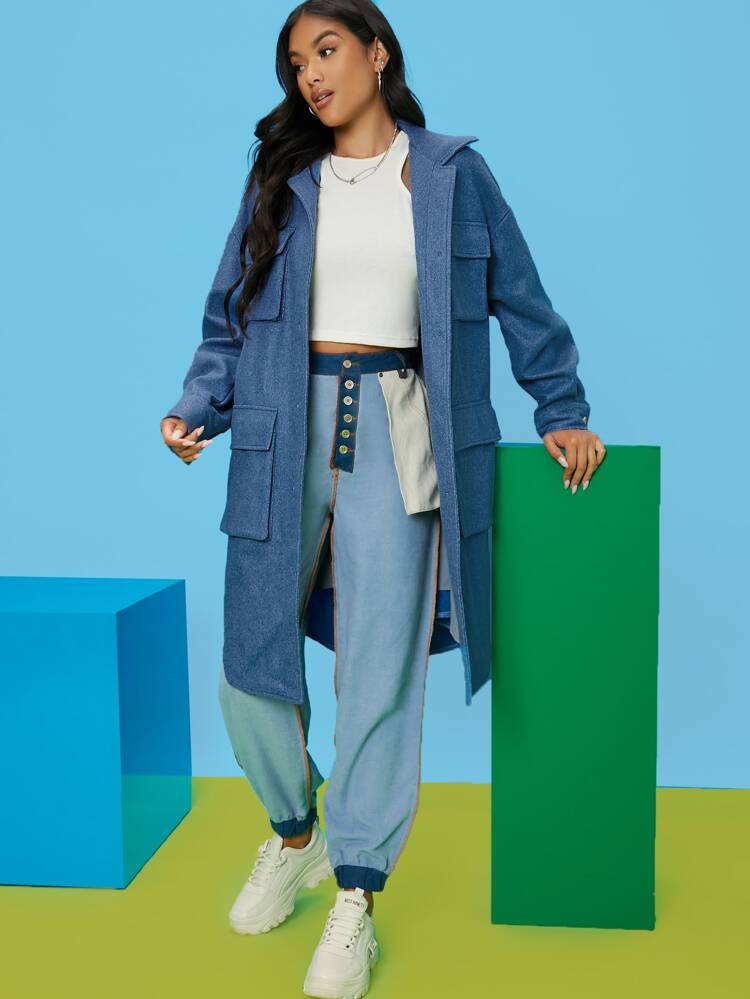 Drop Shoulder Flap Pocket Overcoat In Fall/Winter