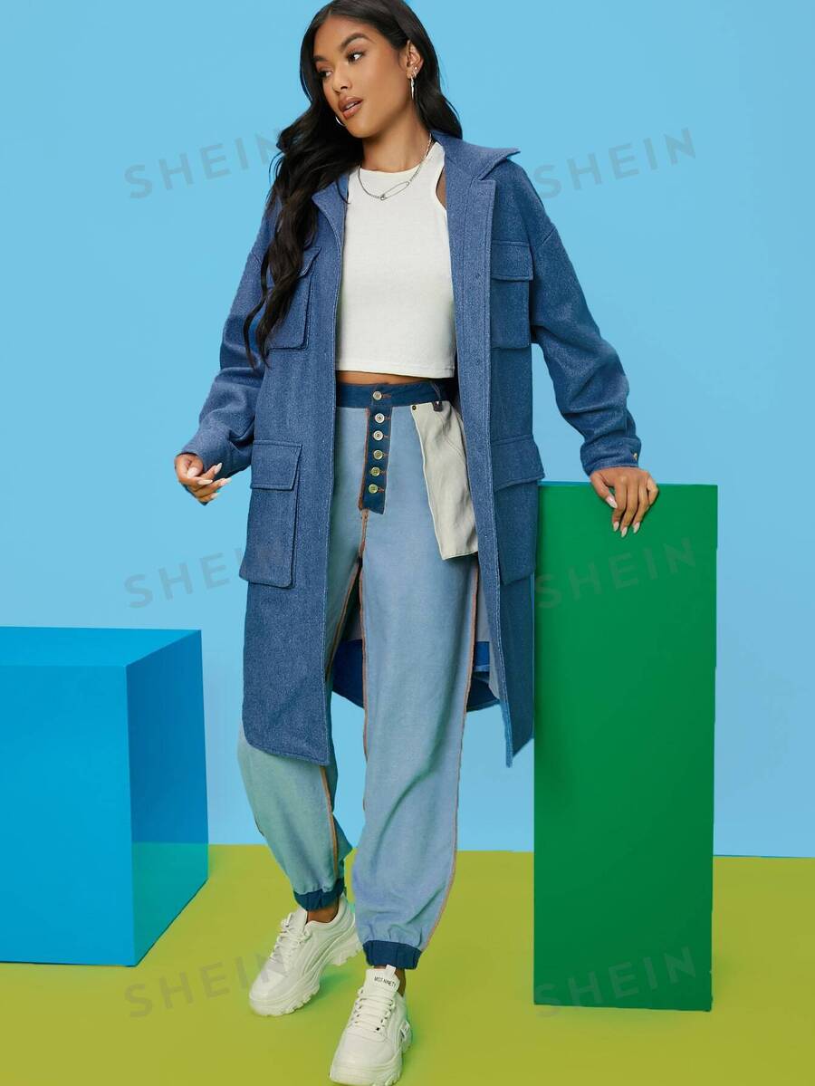 SHEIN EZwear Abrigo con bolsillo con solapa de hombros caídos para otoño/invierno - Azul - Ver 1