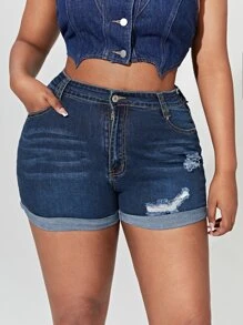 SHEIN SXY Plus High Waist Ripped Denim Shorts - Dark Wash - View 1