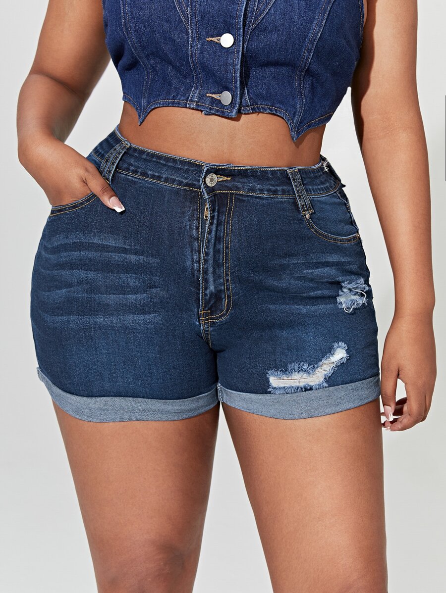 SHEIN SXY Plus High Waist Ripped Denim Shorts - Dark Wash - View 1