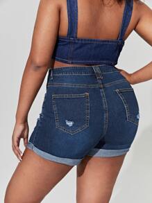 SHEIN SXY Plus High Waist Ripped Denim Shorts - Dark Wash - View 2