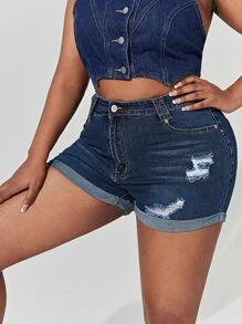 SHEIN SXY Plus High Waist Ripped Denim Shorts - Dark Wash - View 3