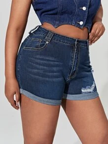SHEIN SXY Plus High Waist Ripped Denim Shorts - Dark Wash - View 4