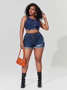 SHEIN SXY Plus High Waist Ripped Denim Shorts - Dark Wash - View 5