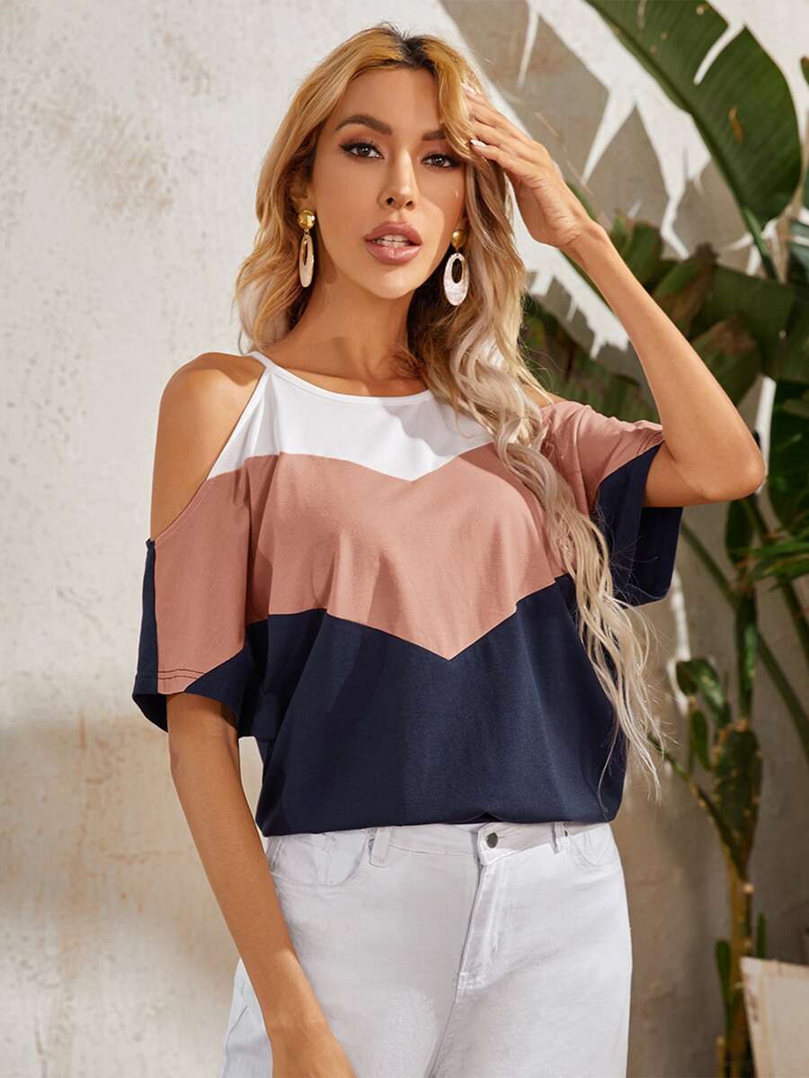 SHEIN LUNE Cold Shoulder Colourblock Top - Multicolor - View 1