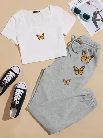 Conjunto De Camiseta Y Pantalón De Chándal Con Cuello De Cuchara Y Estampado De Mariposas