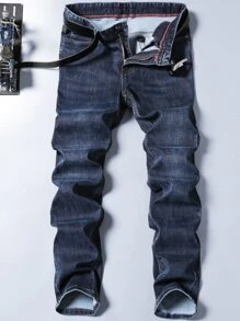 Men Washed Straight Leg Jeans Without Belt - Dark Wash - View 2