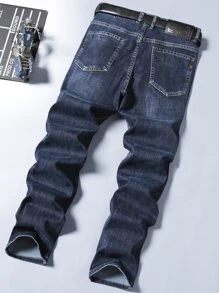 Men Washed Straight Leg Jeans Without Belt - Dark Wash - View 3