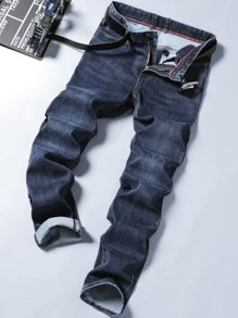 Men Washed Straight Leg Jeans Without Belt - Dark Wash - View 1