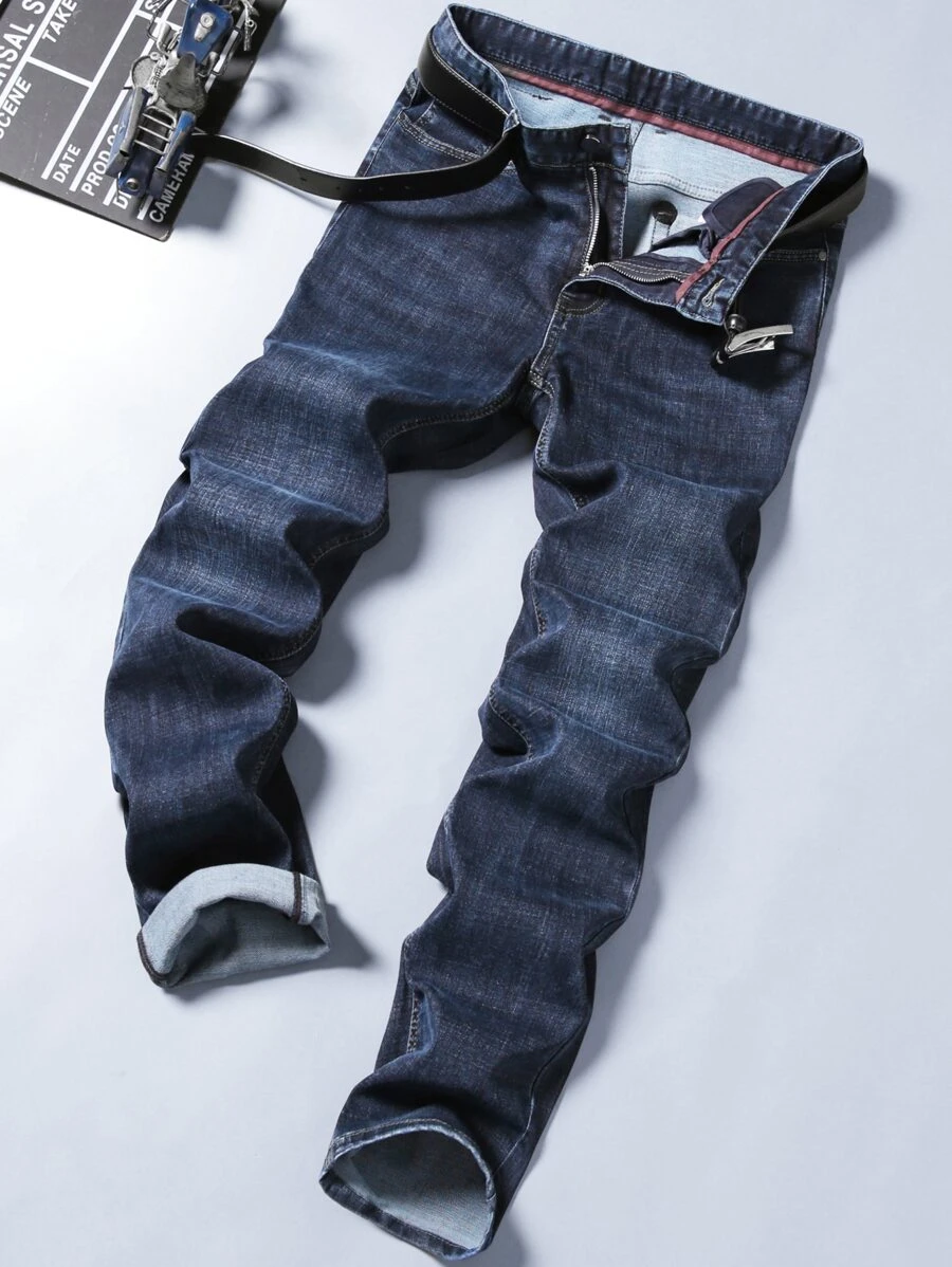 Men Washed Straight Leg Jeans Without Belt - Dark Wash - View 1