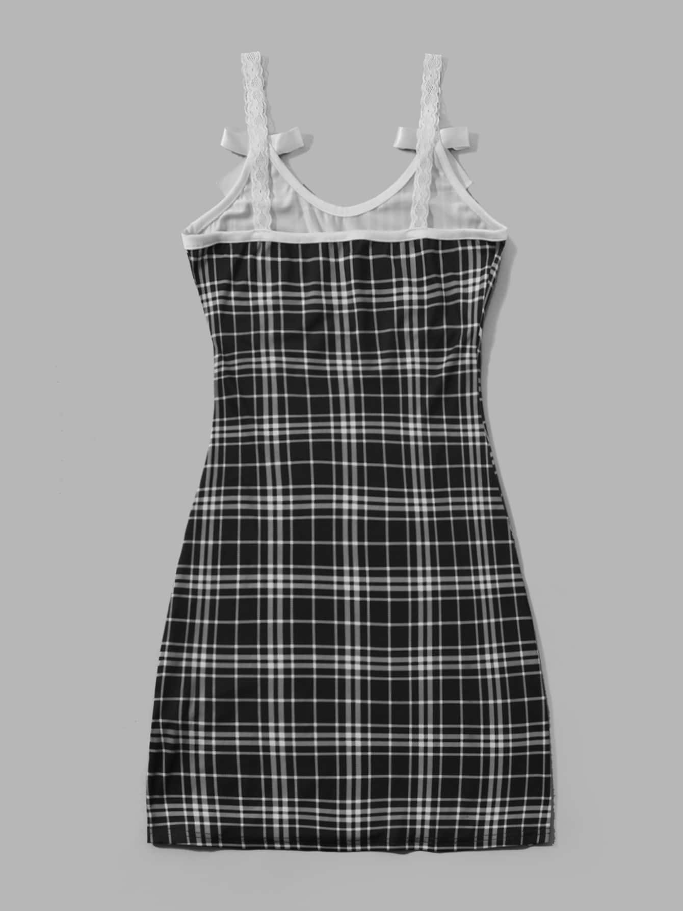Our Plaid Contrast Lace Bow Cami Dress is such a vibe - ROMWE