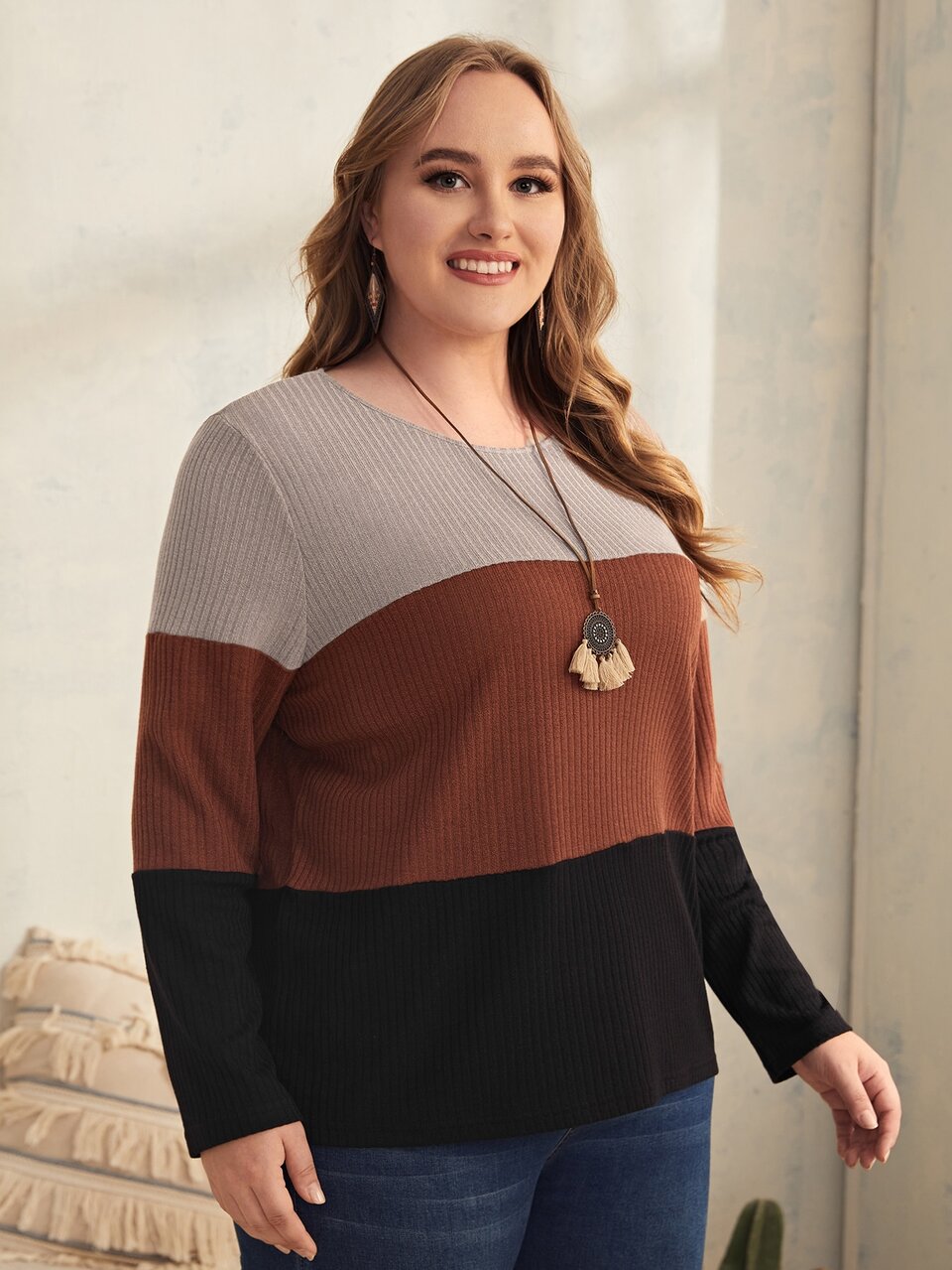 Plus Color Block Ribbed Knit Tee