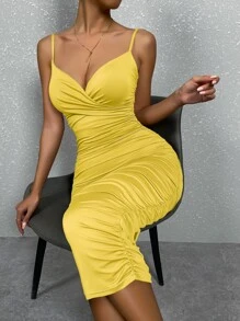 Solid Ruched Bodycon Cami Dress - Yellow - View 4