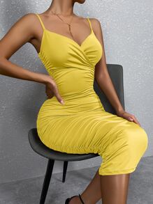 Solid Ruched Bodycon Cami Dress - Yellow - View 5