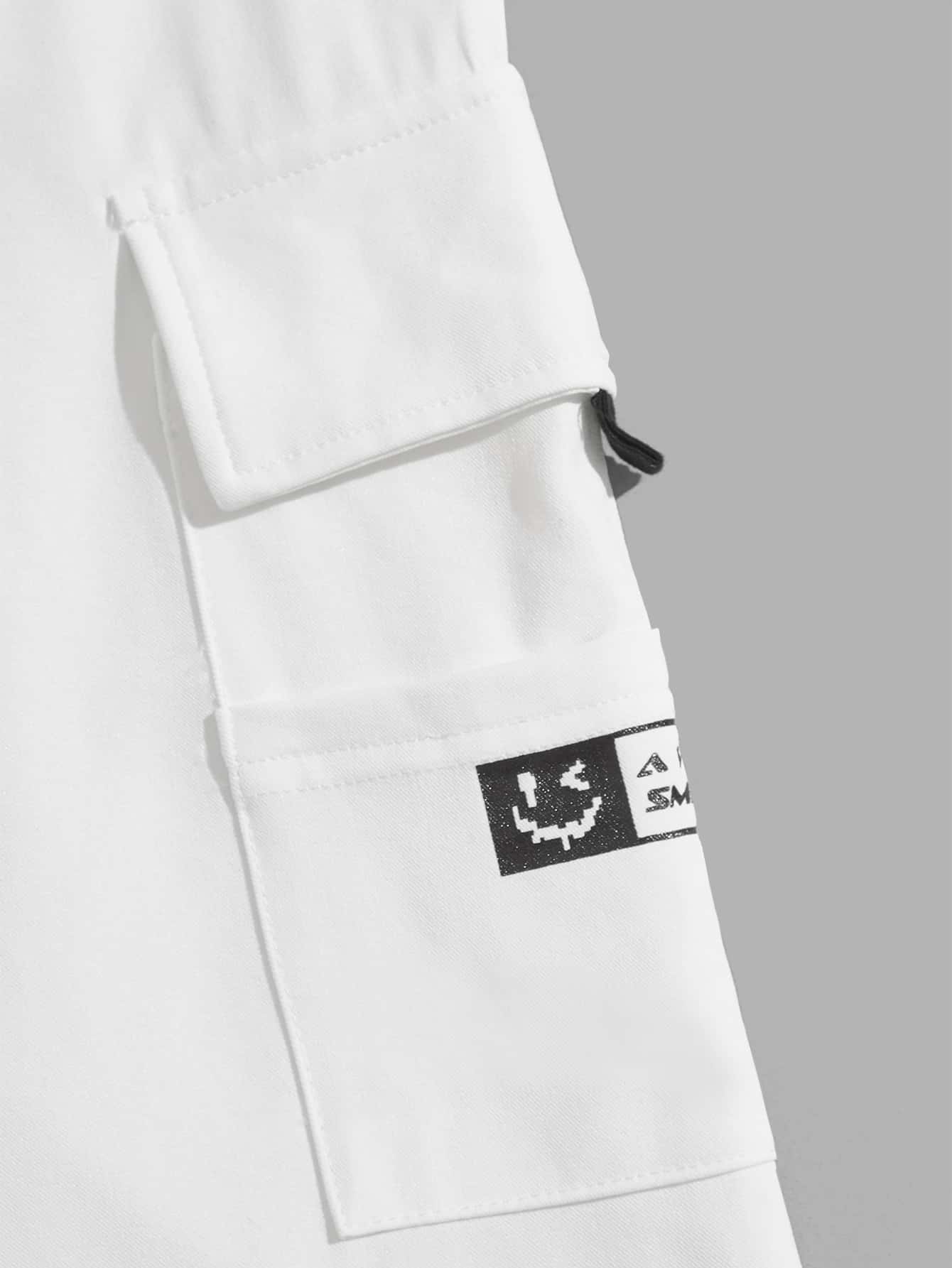 Manfinity NXTstreet 男士標語圖案翻蓋口袋腰部抽繩長褲 - 白色 - 查看 4