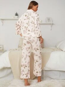 Floral Print Contrast Piping Blouse & Trousers PJ Set - Apricot - View 2
