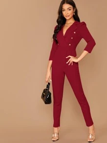 SHEIN Privé Áo liền quần nữ Nút Nút đôi Dây kéo màu trơn Thanh lịch - Màu Đỏ Sâu - Xem 1