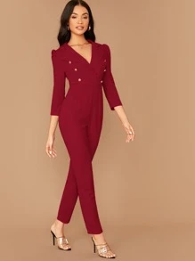 SHEIN Privé Áo liền quần nữ Nút Nút đôi Dây kéo màu trơn Thanh lịch - Màu Đỏ Sâu - Xem 3