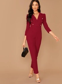 SHEIN Privé Áo liền quần nữ Nút Nút đôi Dây kéo màu trơn Thanh lịch - Màu Đỏ Sâu - Xem 5