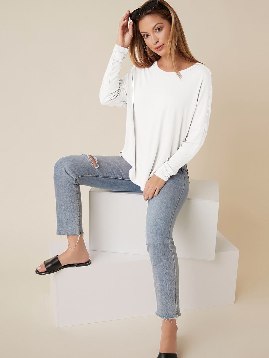 SHEIN BASICS Áo thun nữ màu trơn Giải trí - trắng - Xem 1